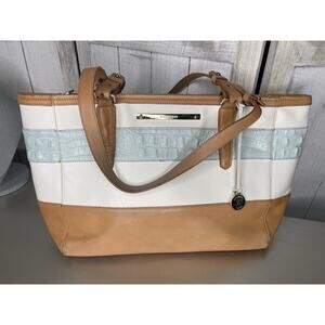 Brahmin Arno Medium Tote Light Blue Croc Leather White Tan Bag Handbag